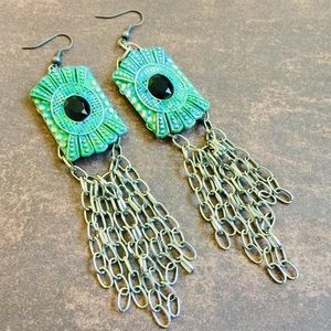 Handmade verdigris Art Deco chain dangle earrings